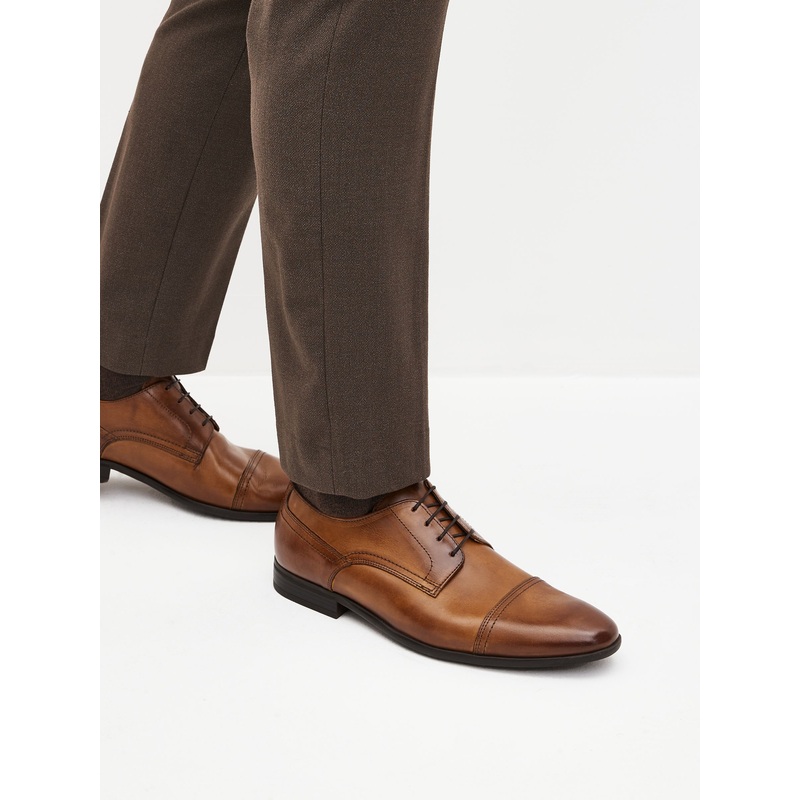 Tan Brown Standard Fit Leather Derby Toe Cap Shoes