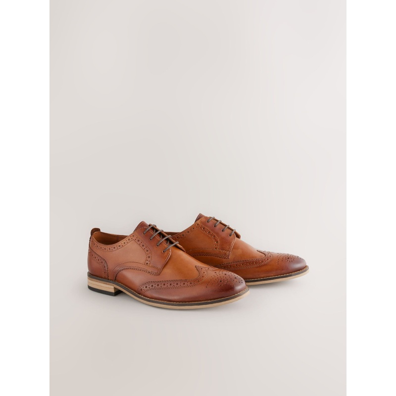 Tan Brown Wide Fit Leather Contrast Sole Brogue Shoes