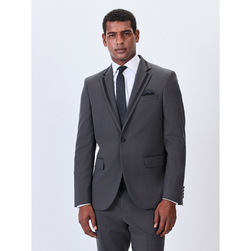 Charcoal Grey Skinny Fit Inset Lapel Detail Tuxedo Suit Jacket