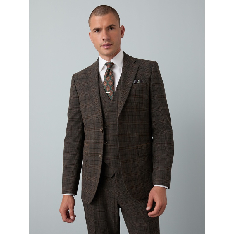 Brown Slim Fit Trimmed Check Suit Jacket
