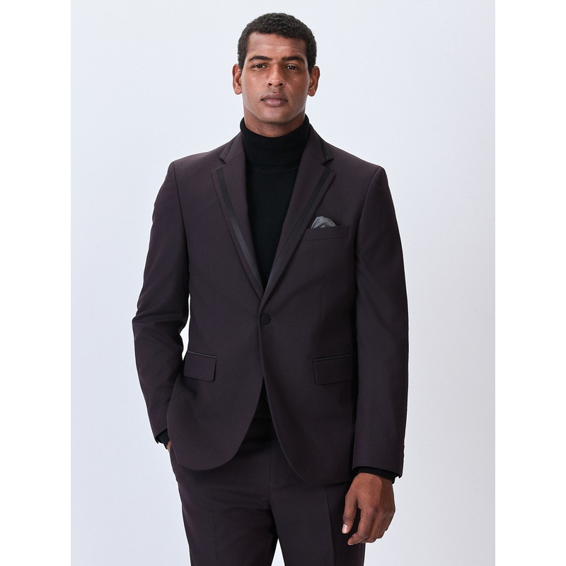 Burgundy Red Tailored Fit Inset Lapel Detail Tuxedo Suit Jacket