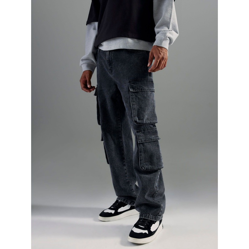 River Island Black Loose Fit Washed Denim Cargo Jeans