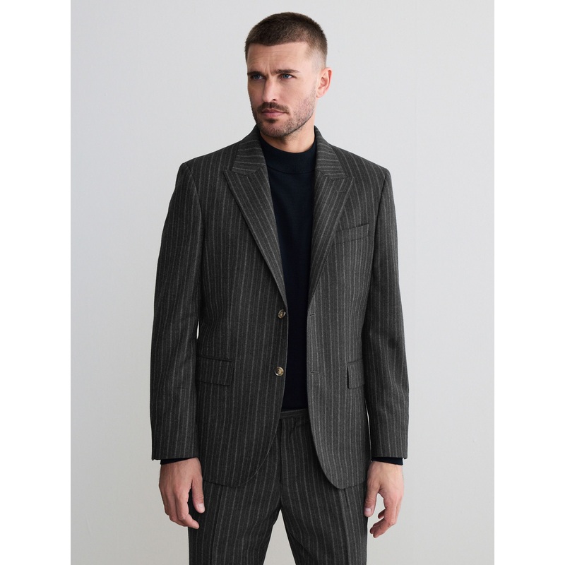 Charcoal Grey Tailored Fit Signature Stripe Empire Mills British 100% Wool Suit Jacket