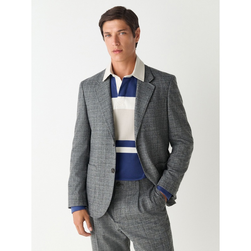 Grey Tailored Fit Wool Blend Check Texture Suit Jacket