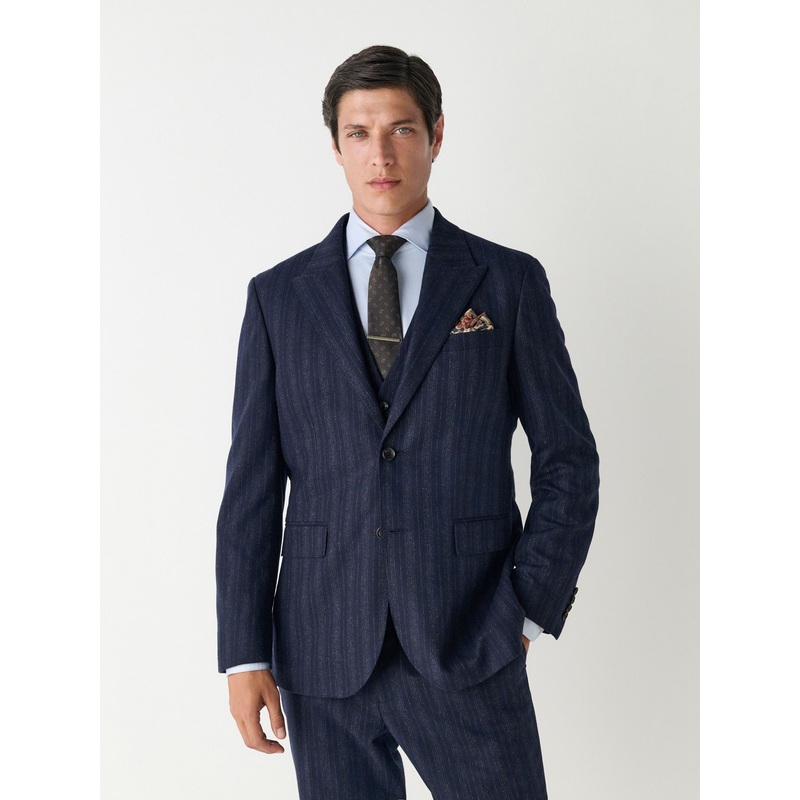 Navy Blue Tailored Fit Striped Wool Blend Suit Jacket
