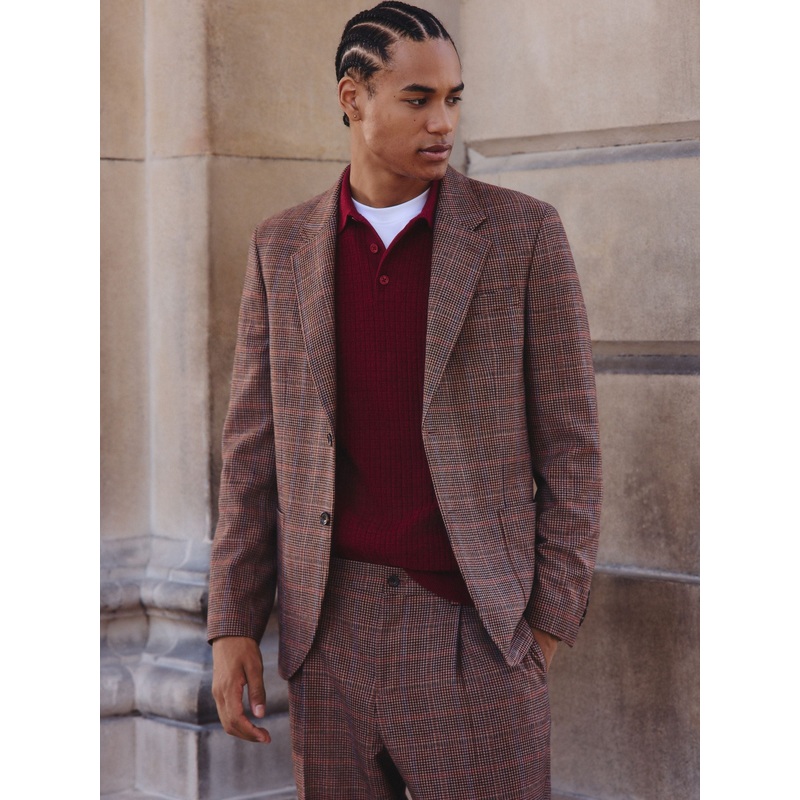 Tan/Red Slim Fit Wool Blend Check Suit Jacket