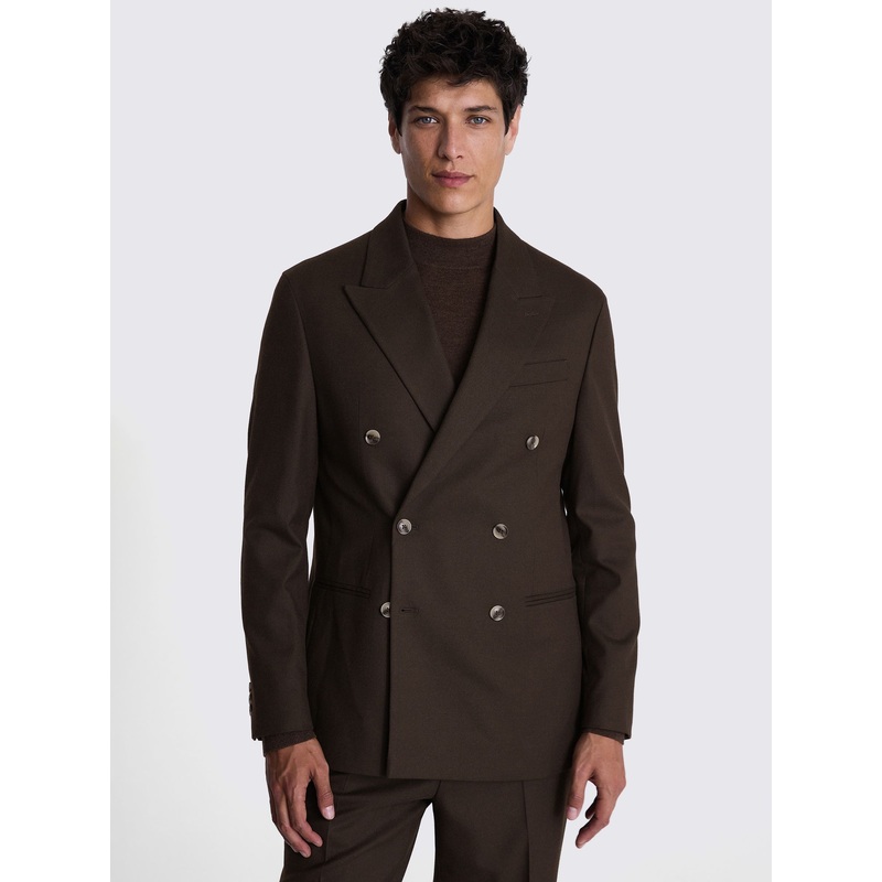 MOSS Brown Relaxed Fit Flannel Double Breasted Suit Jacket