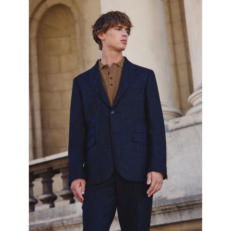 Navy Blue Tailored Fit Signature Abraham Moon 100% British Wool Donegal Suit Jacket