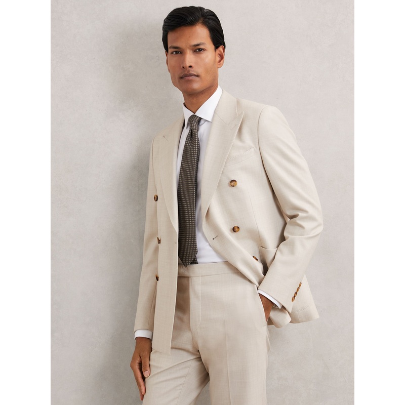 Reiss Stone Belmont Double-Breasted Textured Suit Blazer Slim-Fit With Wool