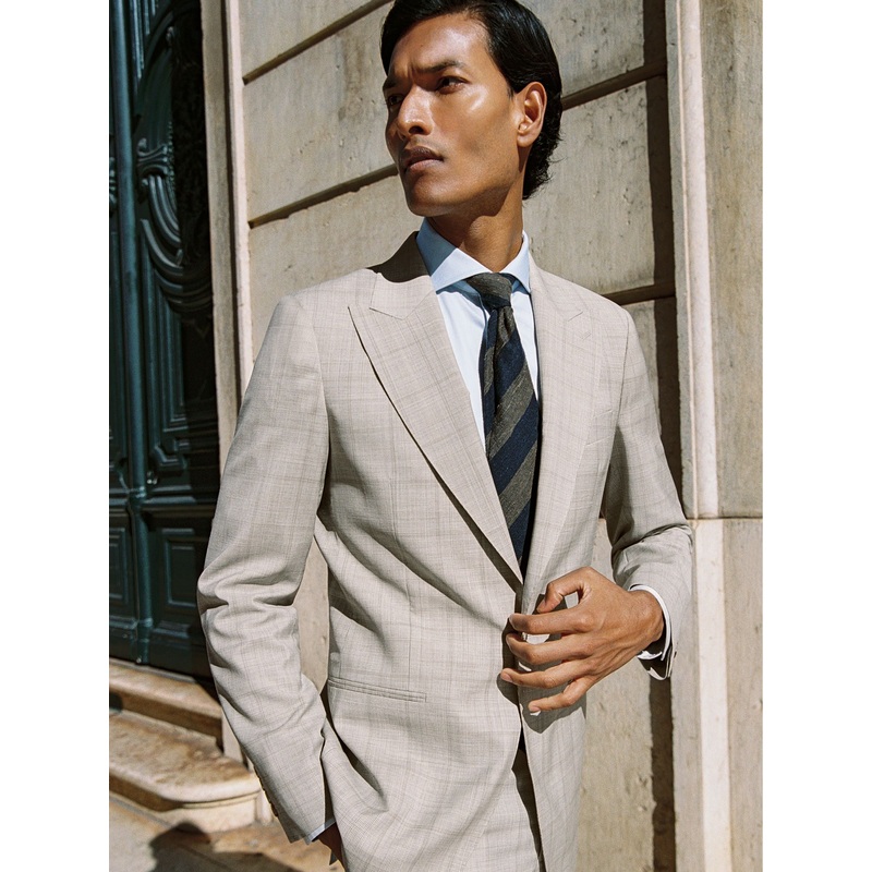 Reiss Oatmeal Brown Alfie Slim-Fit Single-Breasted Wool Check Suit Blazer