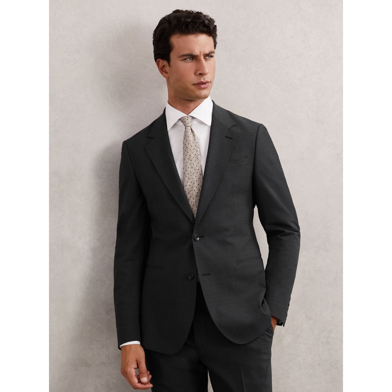 Reiss Grey Promise Wool-Blend Single-Breasted Suit Blazer Slim-Fit
