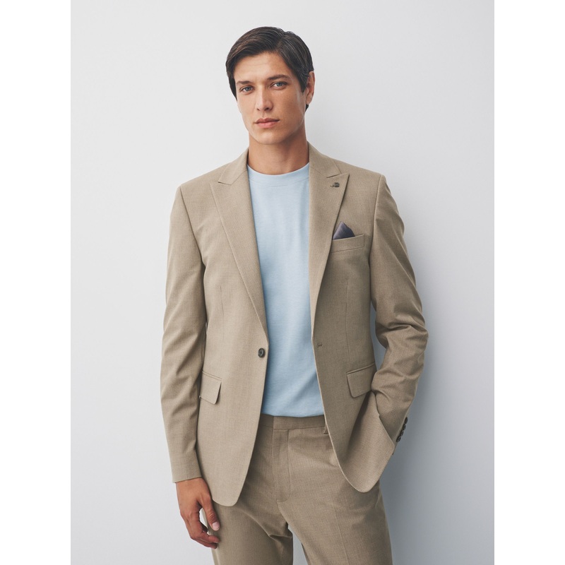 Taupe Slim Fit Striped Suit Jacket