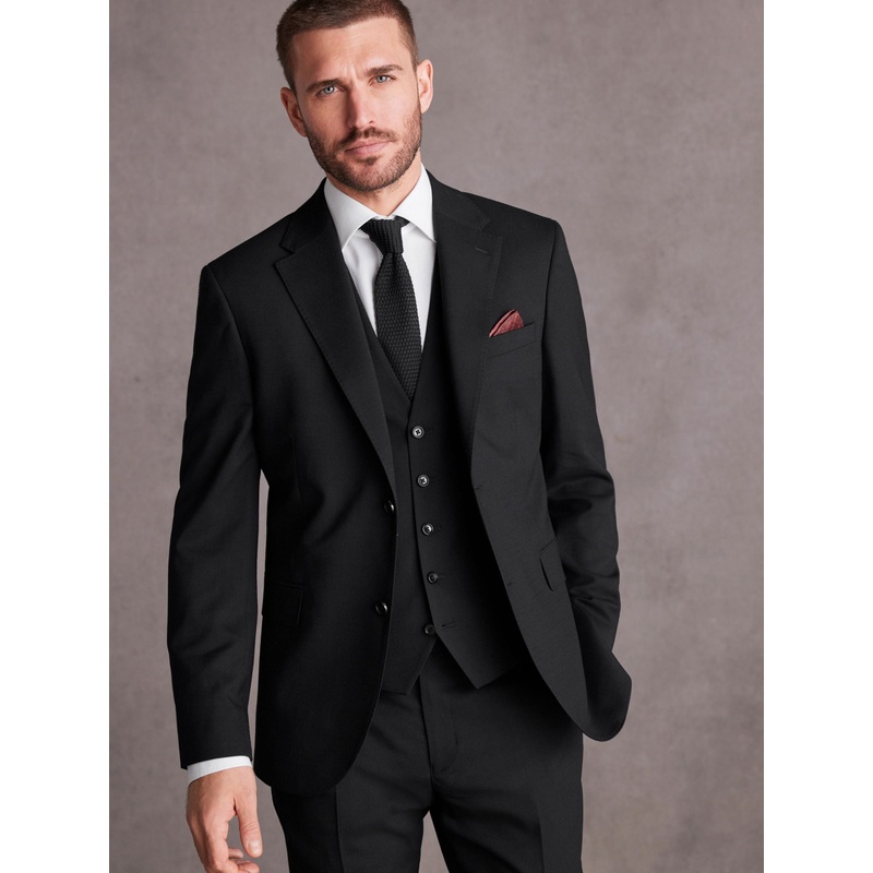 Black Slim Fit Signature Tollegno Italian Wool Textured Suit Jacket