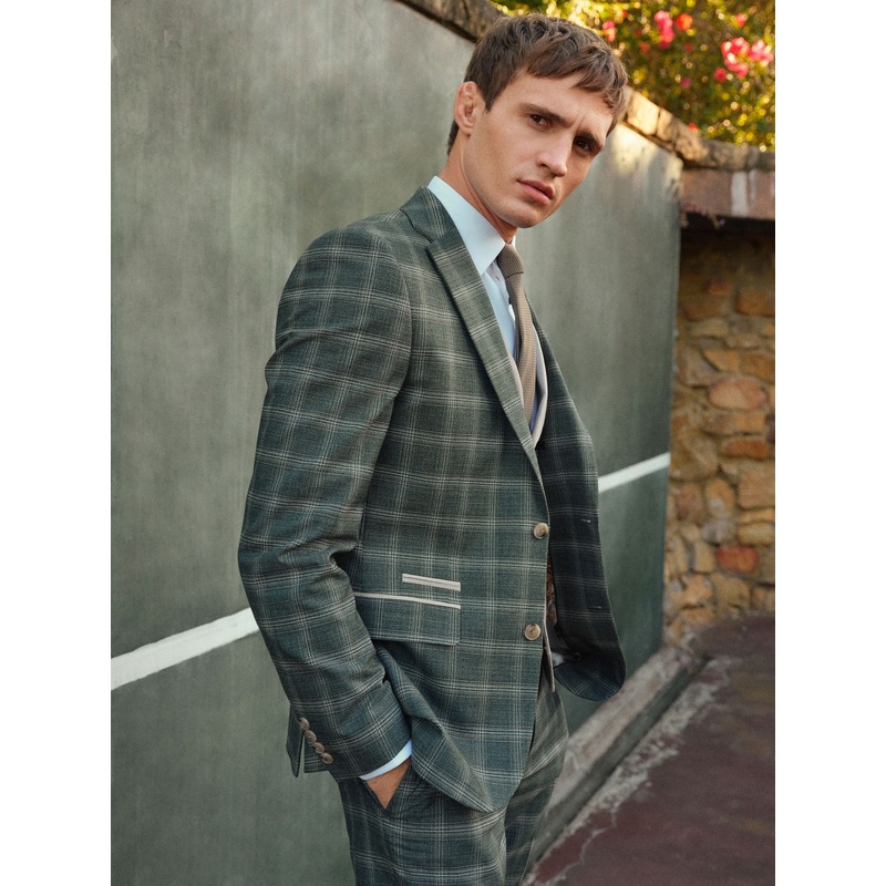Green Slim Fit Trimmed Check Suit Jacket