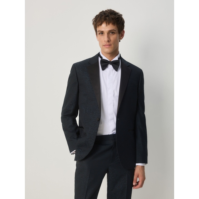 Navy Blue Slim Fit Jaquard Pattern Tuxedo Suit Jacket