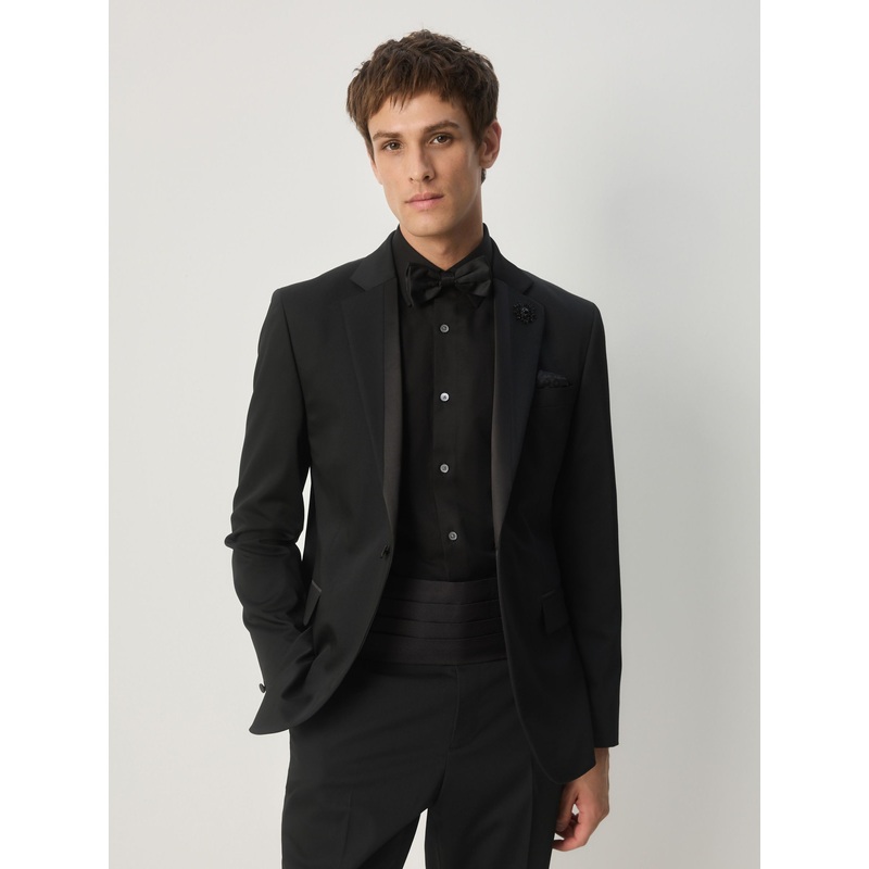 Black Slim Fit Tuxedo Suit Jacket with Brooch