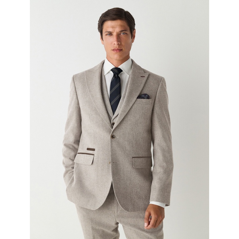 Neutral Slim Fit Trimmed Textured Wool Blend Suit Jacket