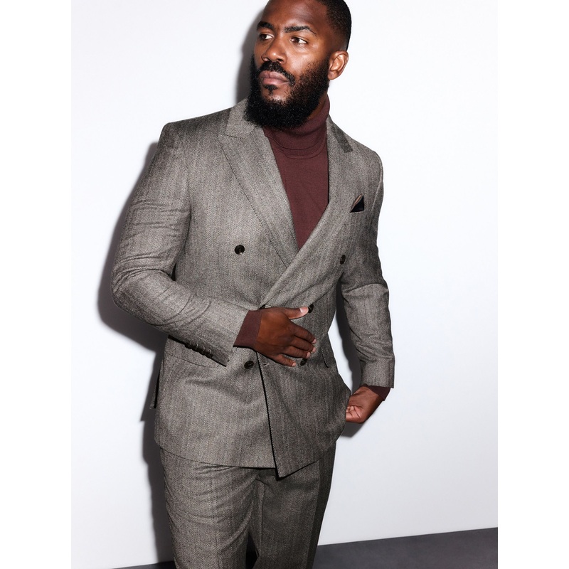 Taupe Brown Double Breasted Signature Marzotto 100% Italian Wool Herringbone Suit Jacket