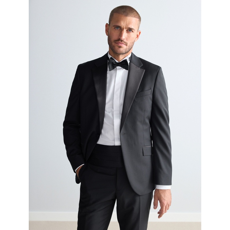 Black Slim Fit Signature Marzotto Italian Fabric Check 100% Wool Tuxedo Suit Jacket