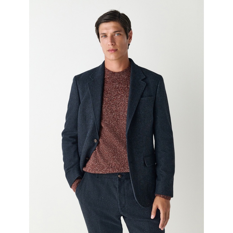 Navy Blue Slim Fit Herringbone Wool Blend Suit Jacket