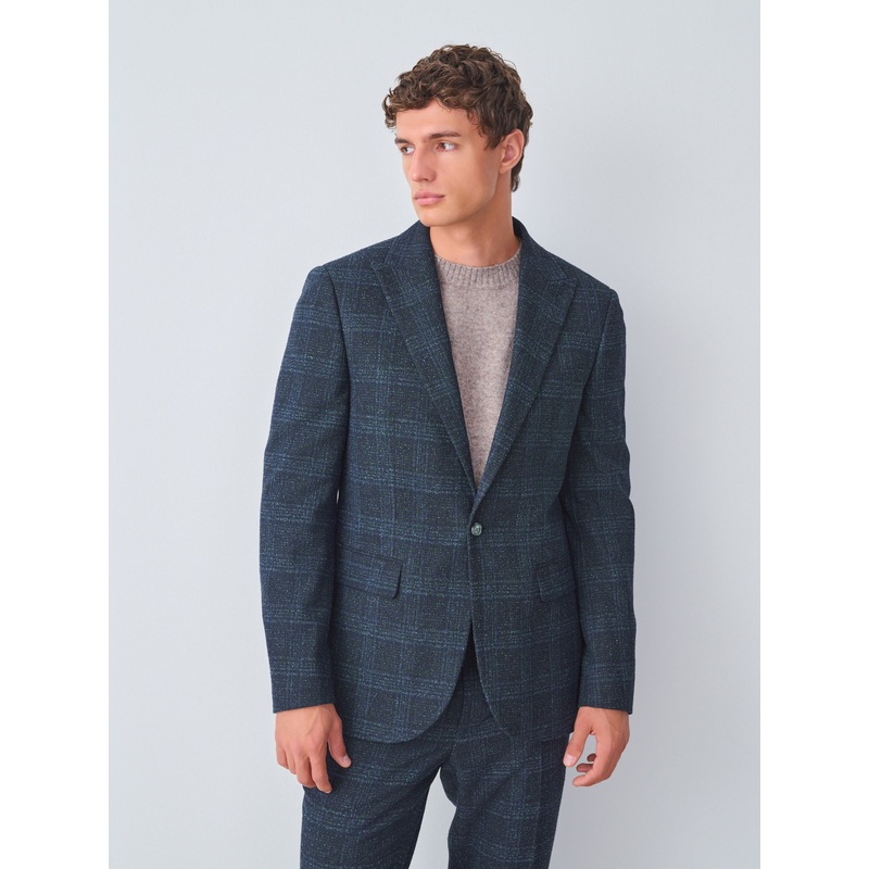 Navy Blue Slim Fit Check Suit Jacket