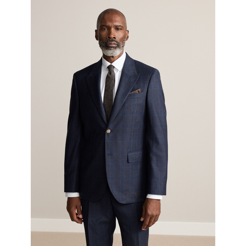 Navy Blue Slim Fit Signature Marzotto 100% Italian Wool Check Suit Jacket