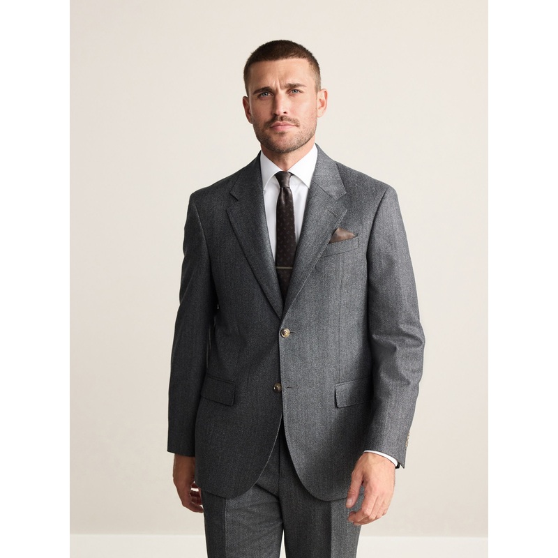 Charcoal Grey Regular Fit Signature Marzotto 100% Italian Wool Herringbone Suit Jacket