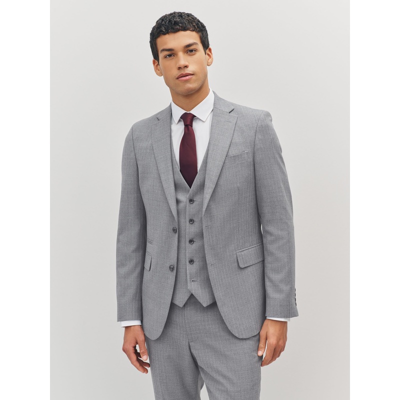 Light Grey Slim Fit Textured Wool Suit Jacket