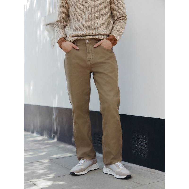 Tan Brown Straight Fit Canvas Denim Jeans