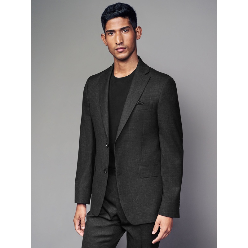 Black Tailored Fit Textured Wool Suit Jacket