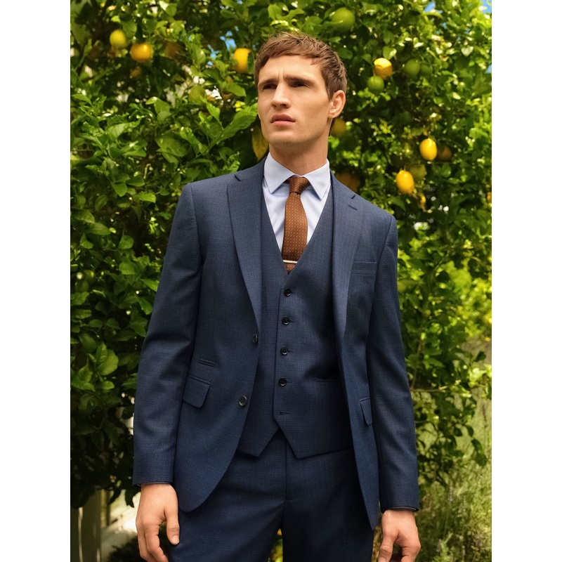 Blue Slim Fit Textured Wool Suit Jacket