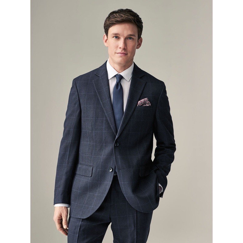 Navy Blue Regular Fit Prince of Wales Check Suit Jacket