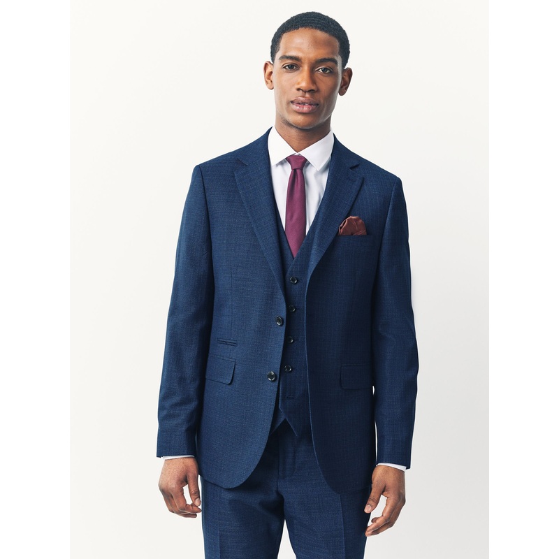 Blue Tailored Fit Textured Wool Suit Jacket