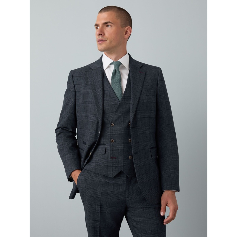 Blue Tailored Fit Trimmed Check Suit Jacket