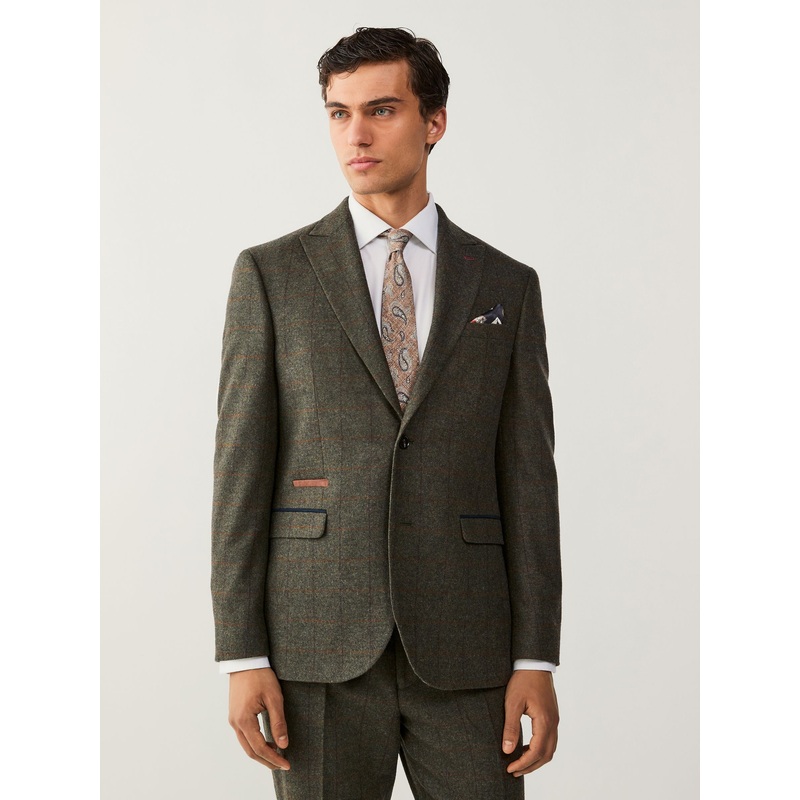 Green Regular Fit Trimmed Check Suit Jacket