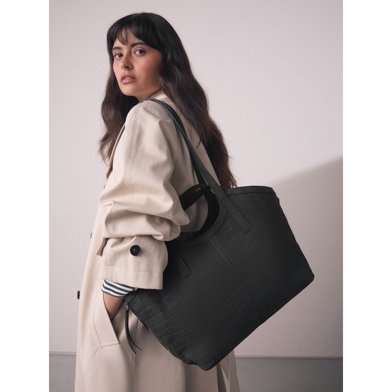 Black Faux Suede Croc Effect Shoulder Bag