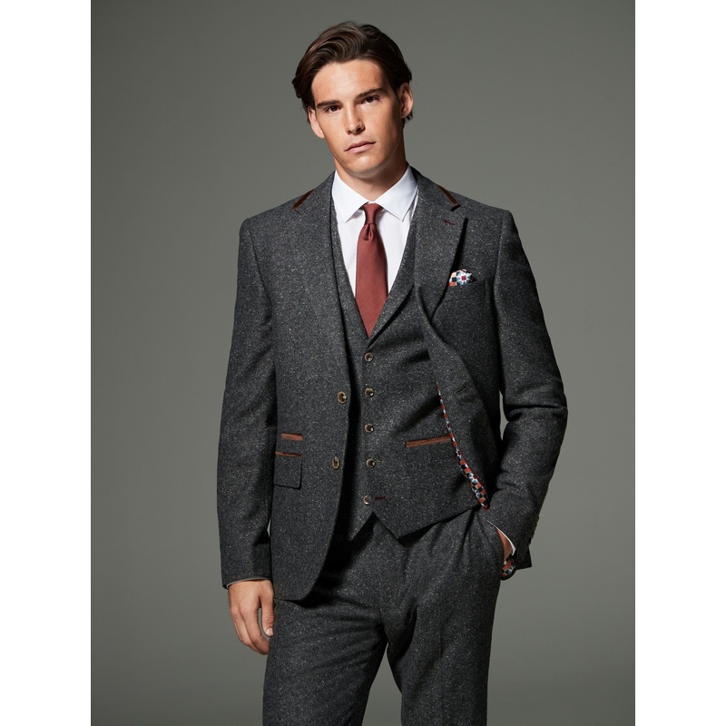 Charcoal Grey Regular Fit Wool Blend Trimmed Suit Jacket