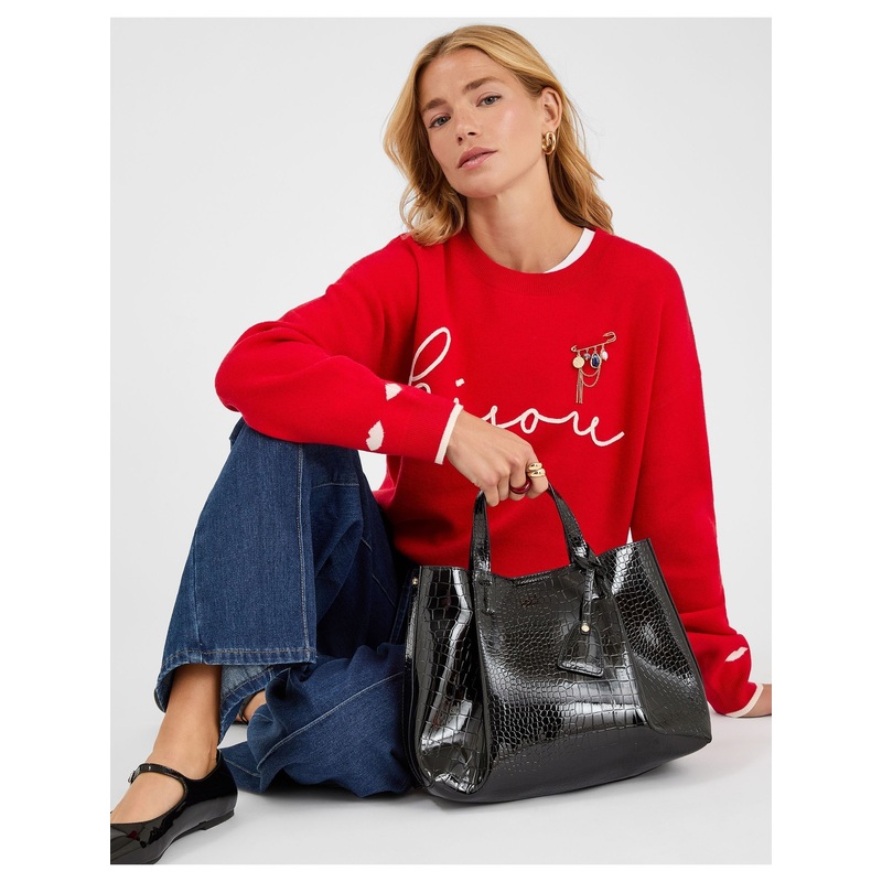 Accessorize Black Faux Croc Skin Patent Tote Bag