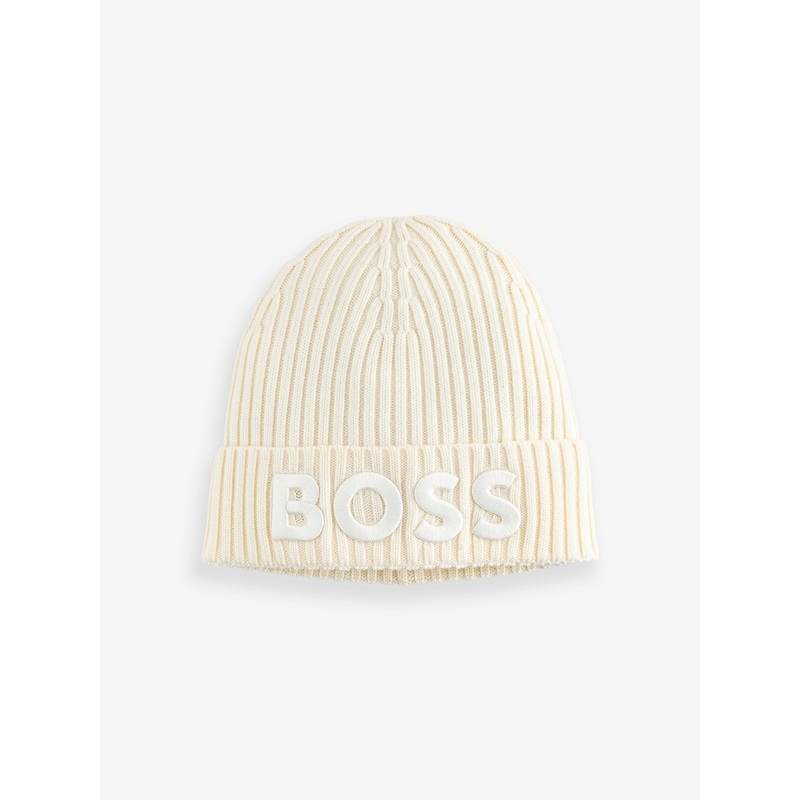 BOSS White Lara Embroidered Logo Knitted Wool Hat