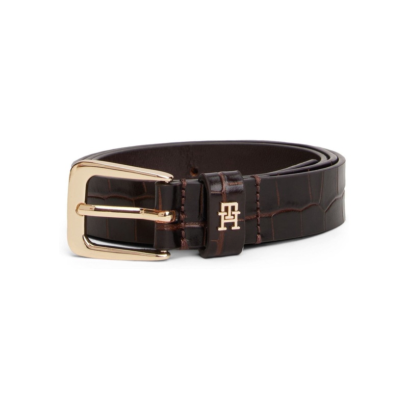 Tommy Hilfiger Brown Square Buckle Croco-Print Leather Belt