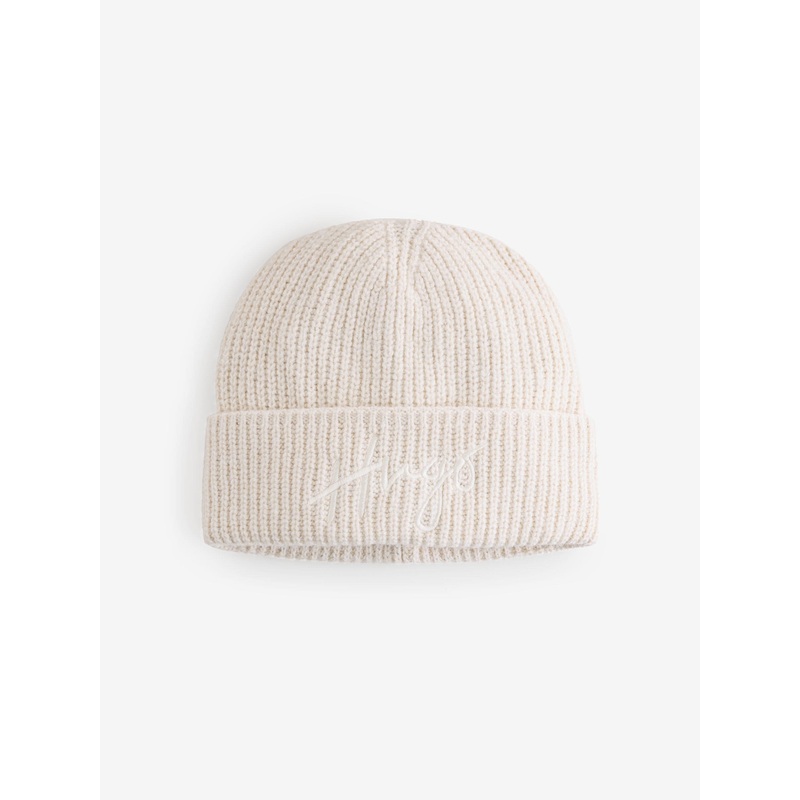 HUGO White Script Logo Knitted Beanie Hat