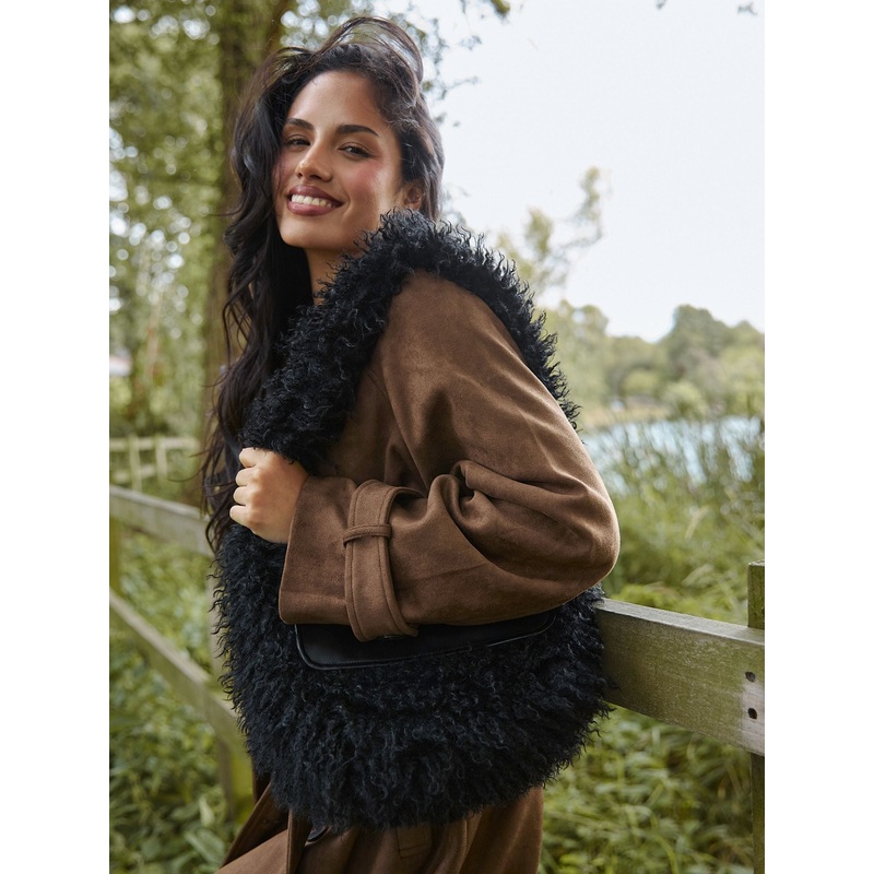 South Beach Black Faux Mongolian Fur Shoulder Bag