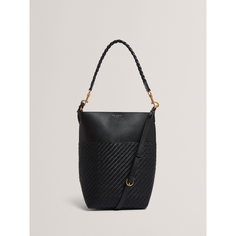 Ted Baker Black Wyynie – Elongated Woven Handle Leather Bucket Bag