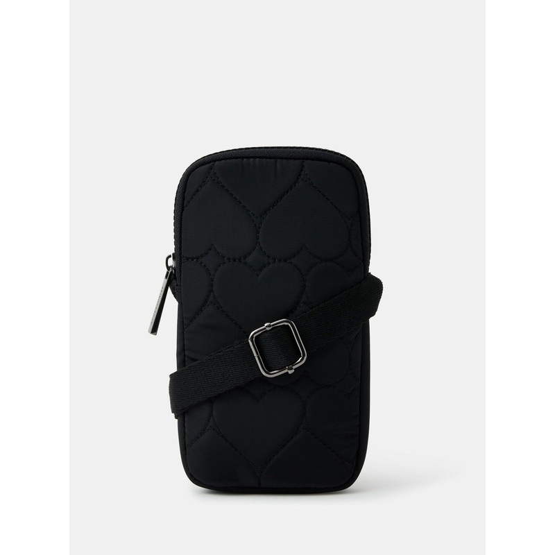 Accessorize Black Heart Quilted Nylon Phone Bag