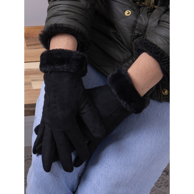 Totes Black Isotoner Ladies One Point Suede Winter Gloves with Faux Fur Cuff Detail