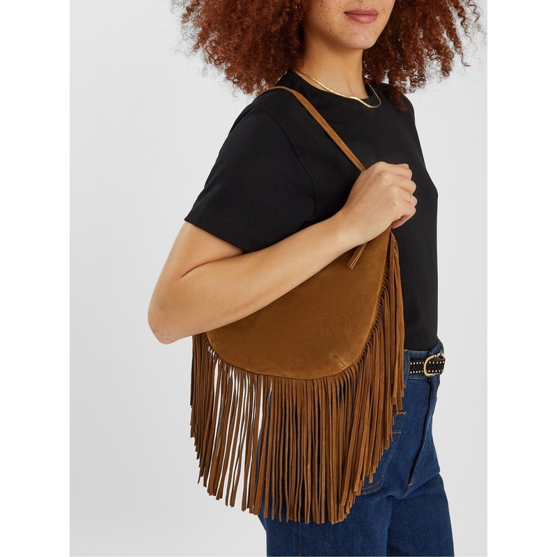 Accessorize Brown Leather Fringe Scoop Shoulder Bag