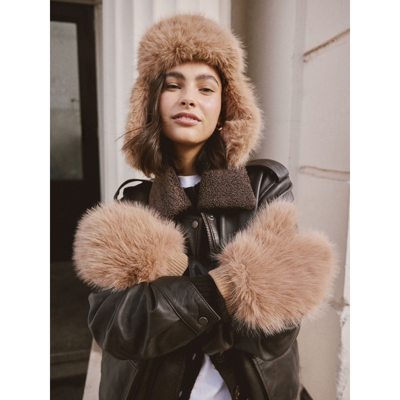 Camel Faux Fur Mitten Gloves