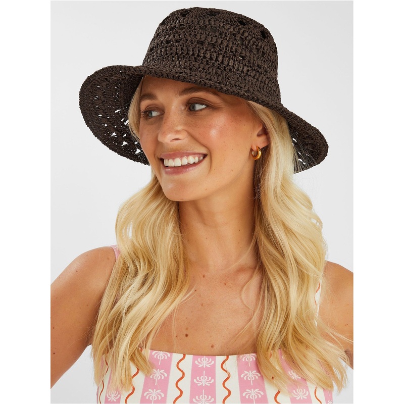 Accessorize Brown Crochet Raffia Bucket Hat