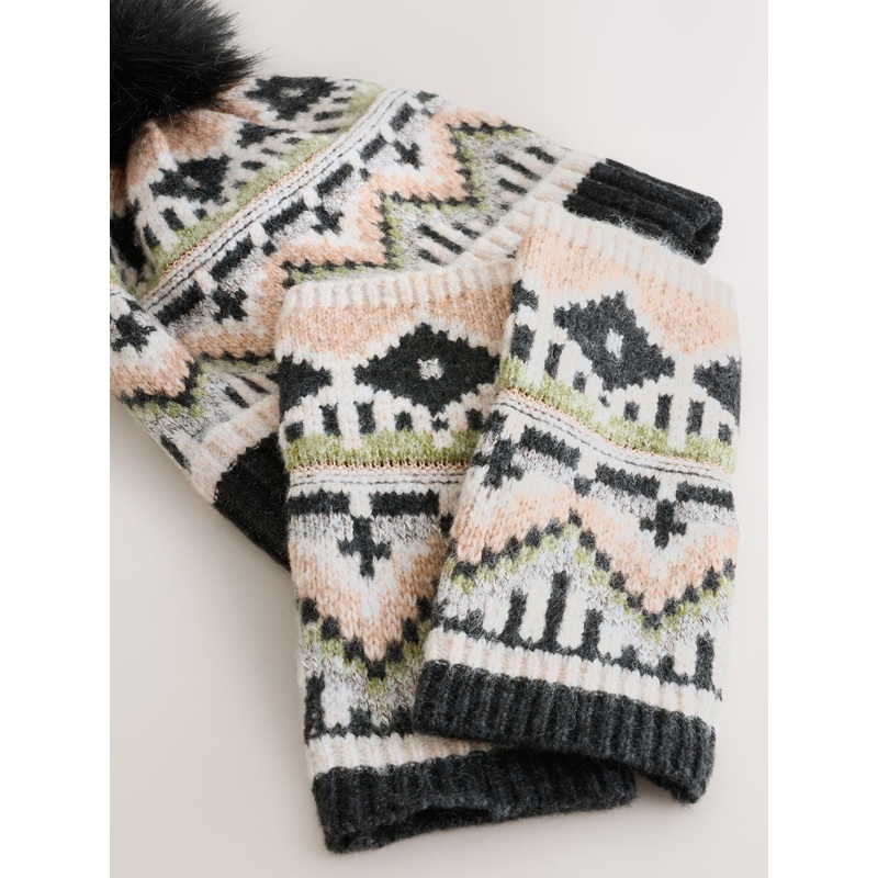 Black Fairisle Pattern Knitted Pom Hat & Handwarmer Set