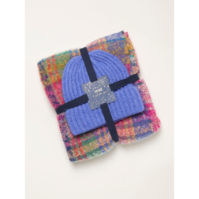 FatFace Multi Plain Hat and Check Scarf Gift Set